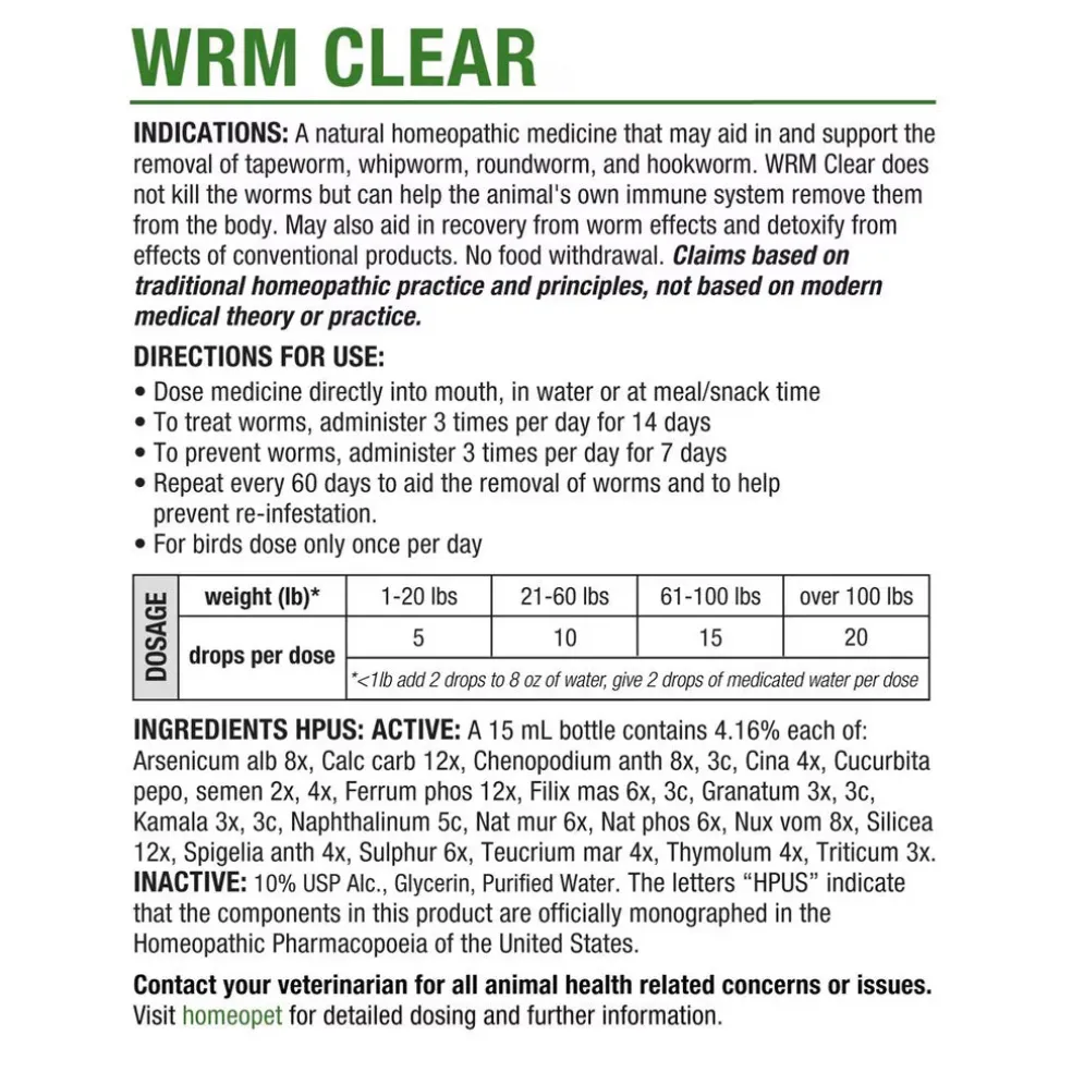 HomeoPet WRM Clear for Pets, 15 ml