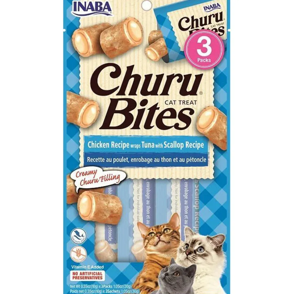 Inaba Churu Bites Chicken Recipe wraps Tuna with Scallop Recipe Cat Treats, 0.35-oz X 3