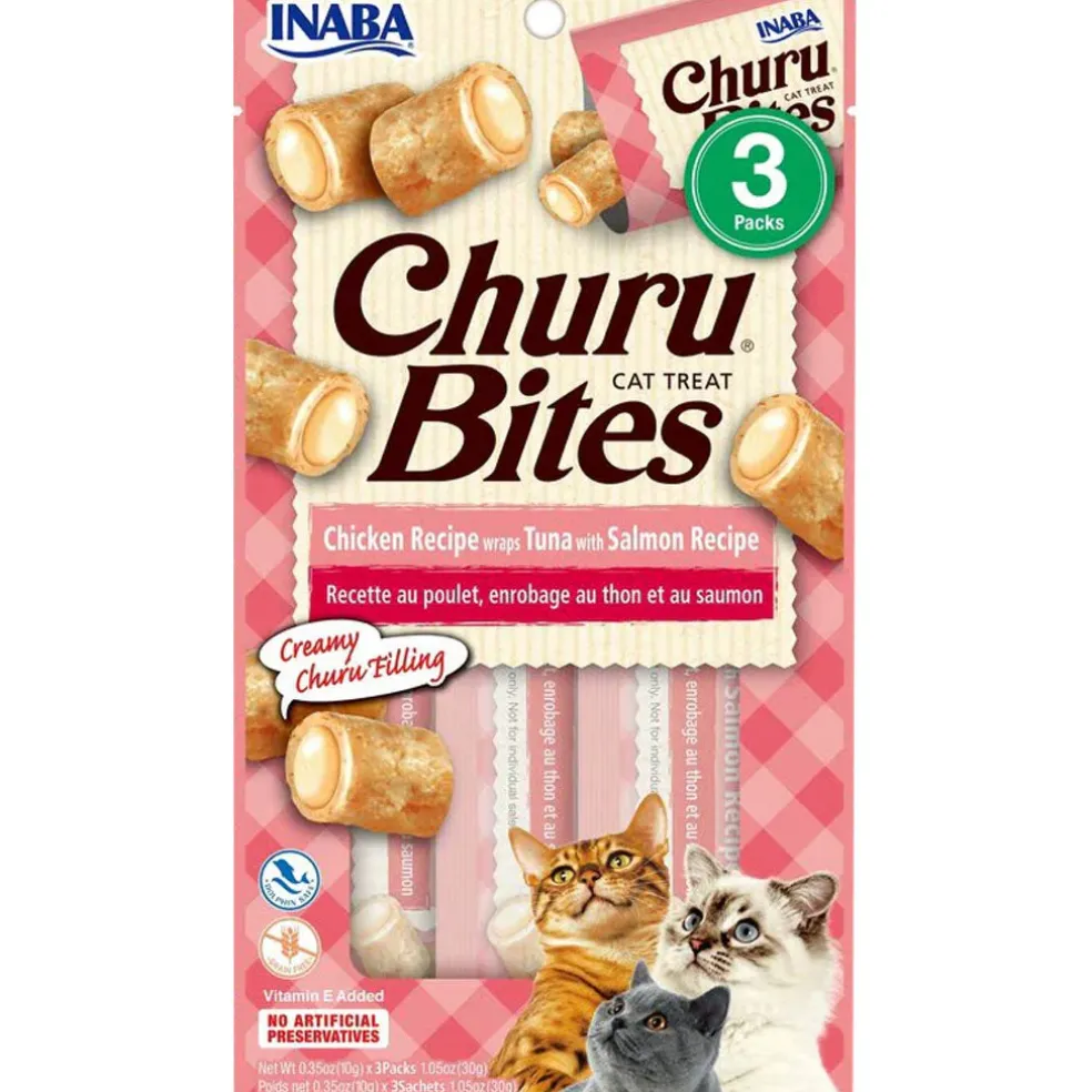Inaba Churu Bites Chicken Recipe wraps Tuna with Salmon Recipe Cat Treats, 0.35-oz X 3