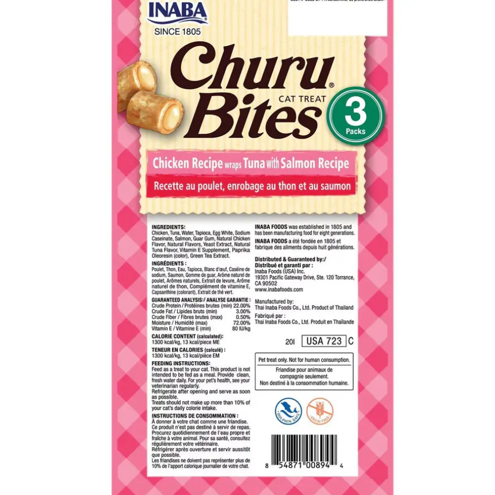 Inaba Churu Bites Chicken Recipe wraps Tuna with Salmon Recipe Cat Treats, 0.35-oz X 3