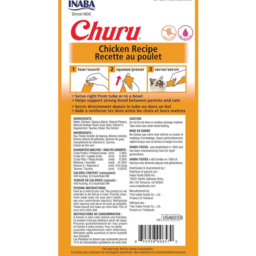 Inaba Churu Chicken Puree Grain-Free Lickable Treat for Cats, 0.5-oz x 4-tubes
