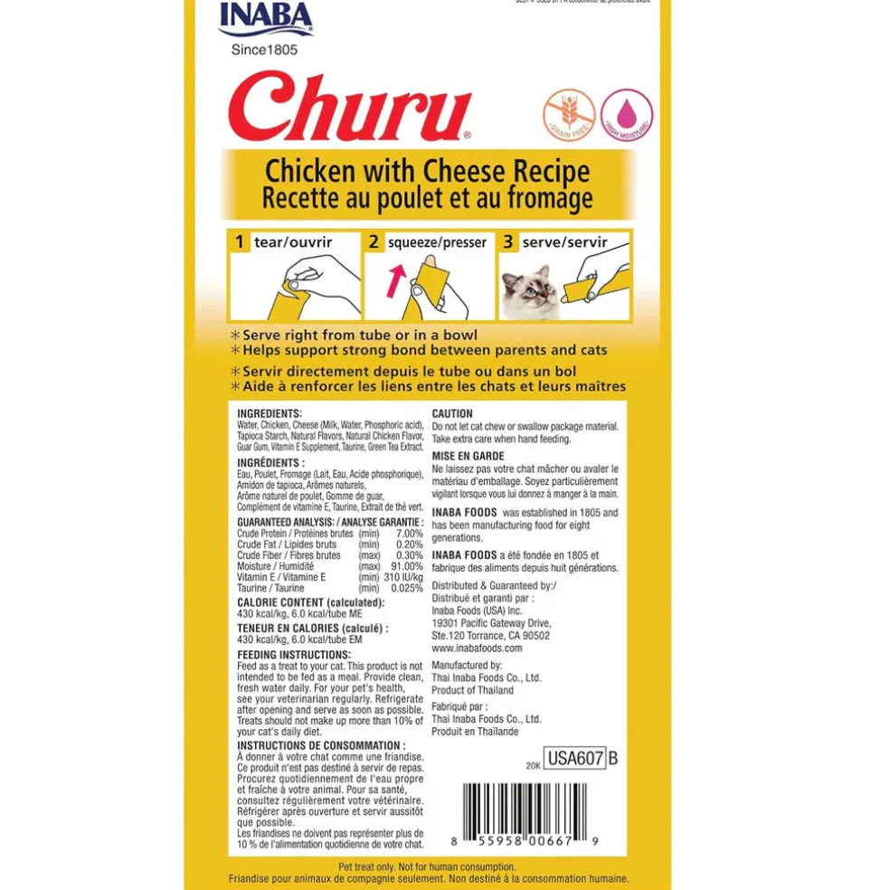 Inaba Churu Chicken with Cheese Puree Grain-Free Lickable Treat for Cats, 0.5-oz x 4-tubes