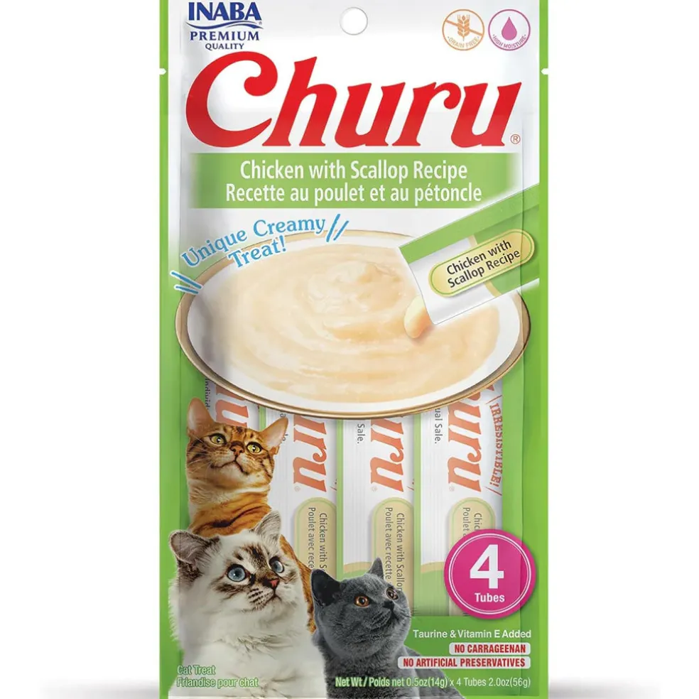 Inaba Churu Chicken with Scallop Puree Grain-Free Lickable Treat for Cats, 0.5-oz x 4-tubes