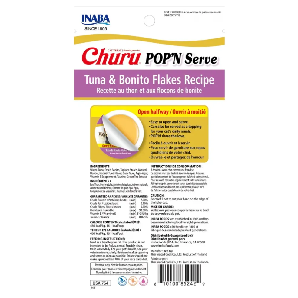 Inaba Churu Pop'n Serve Tuna & Bonita Flakes Recipe Grain-Free Lickable Cat Treats, 1.2-oz cup