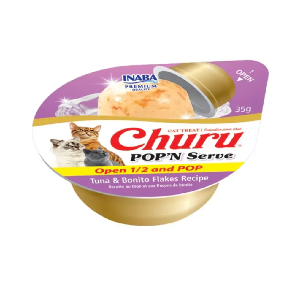 Inaba Churu Pop'n Serve Tuna & Bonita Flakes Recipe Grain-Free Lickable Cat Treats, 1.2-oz cup