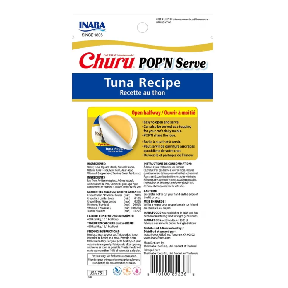 Inaba Churu Pop'n Serve Tuna Recipe Grain-Free Lickable Cat Treats, 1.2-oz cup