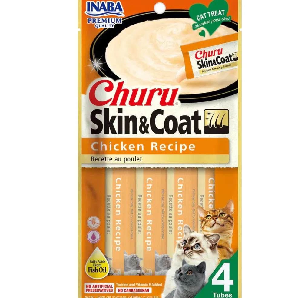 Inaba Churu Skin & Coat Chicken Recipe Grain-Free Lickable Treat for Cats, 0.5-oz x 4-tubes