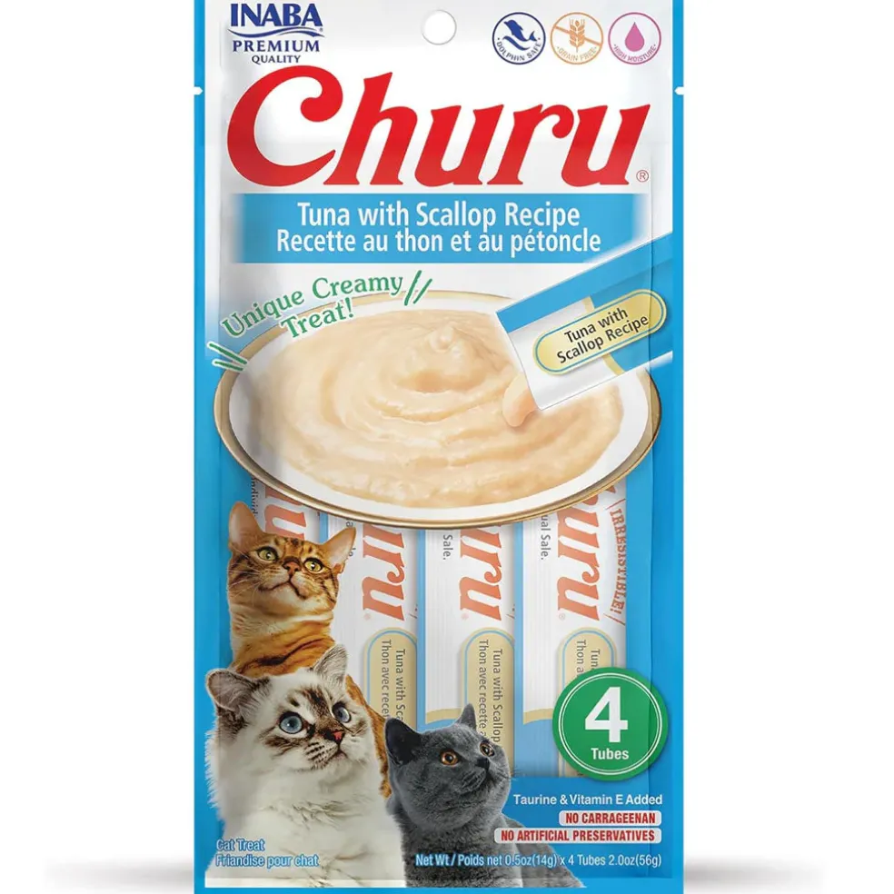 Inaba Churu Tuna with Scallop Puree Grain-Free Lickable Treat for Cats, 0.5-oz x 4-tubes