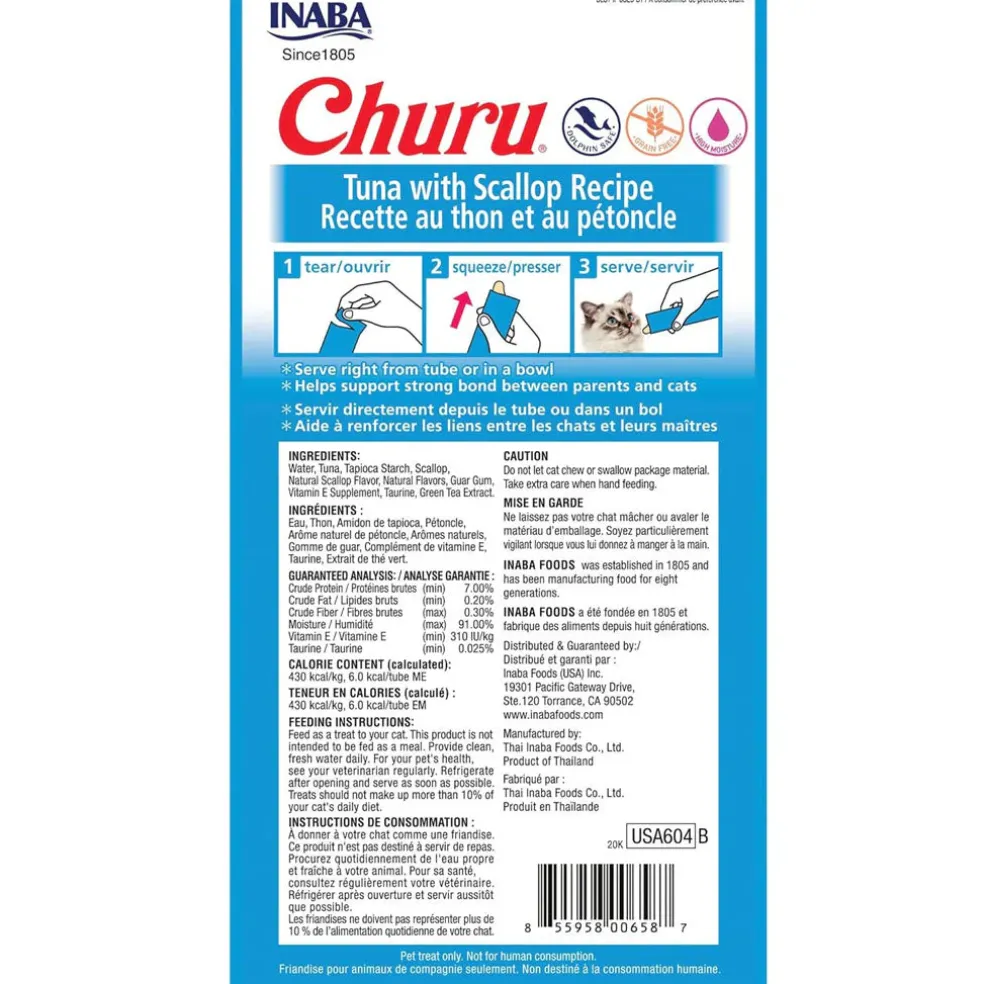Inaba Churu Tuna with Scallop Puree Grain-Free Lickable Treat for Cats, 0.5-oz x 4-tubes