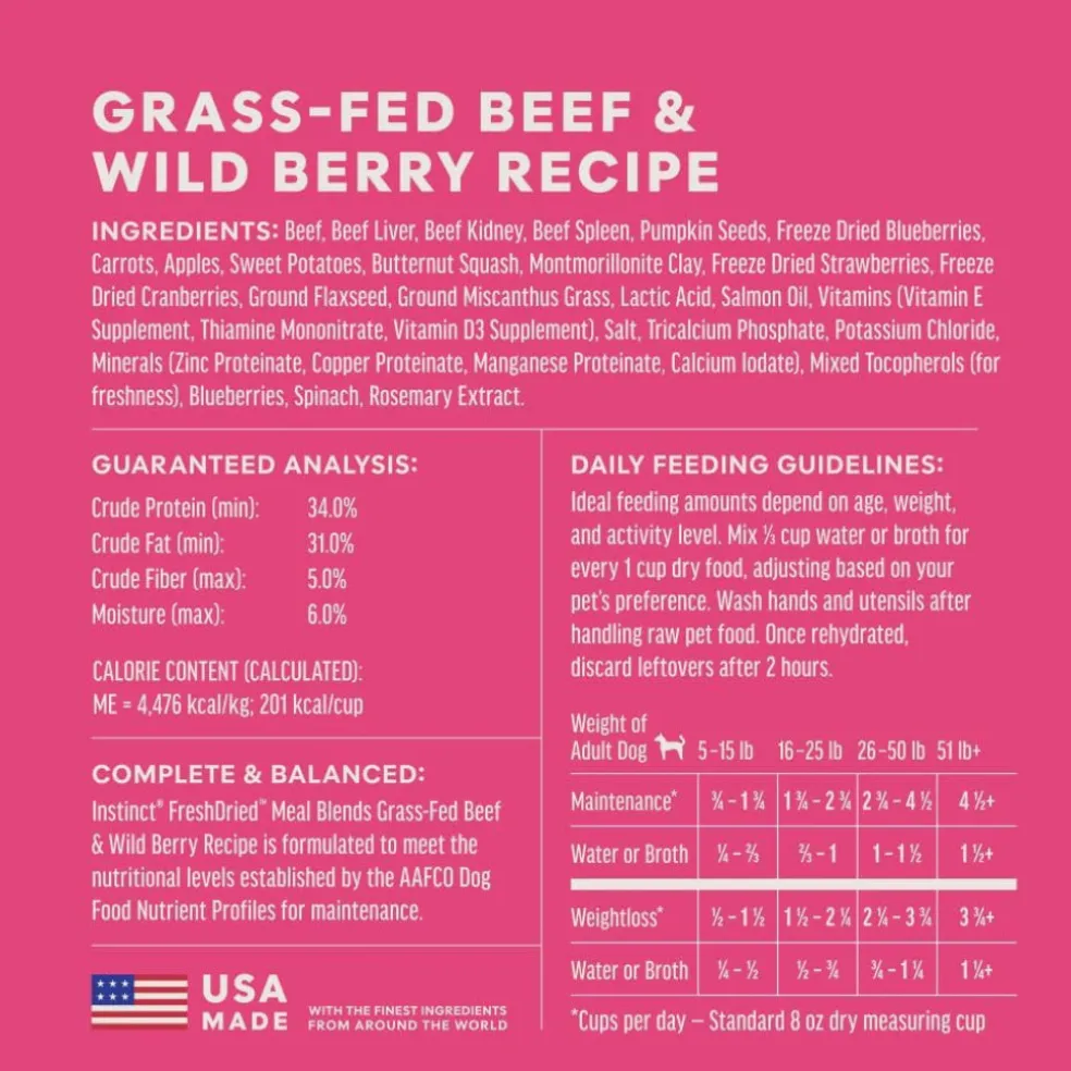 Instinct Fresh Dried Meal Blends Freeze-Dried Grass-Fed Beef & Wild Berry Recipe for Dogs