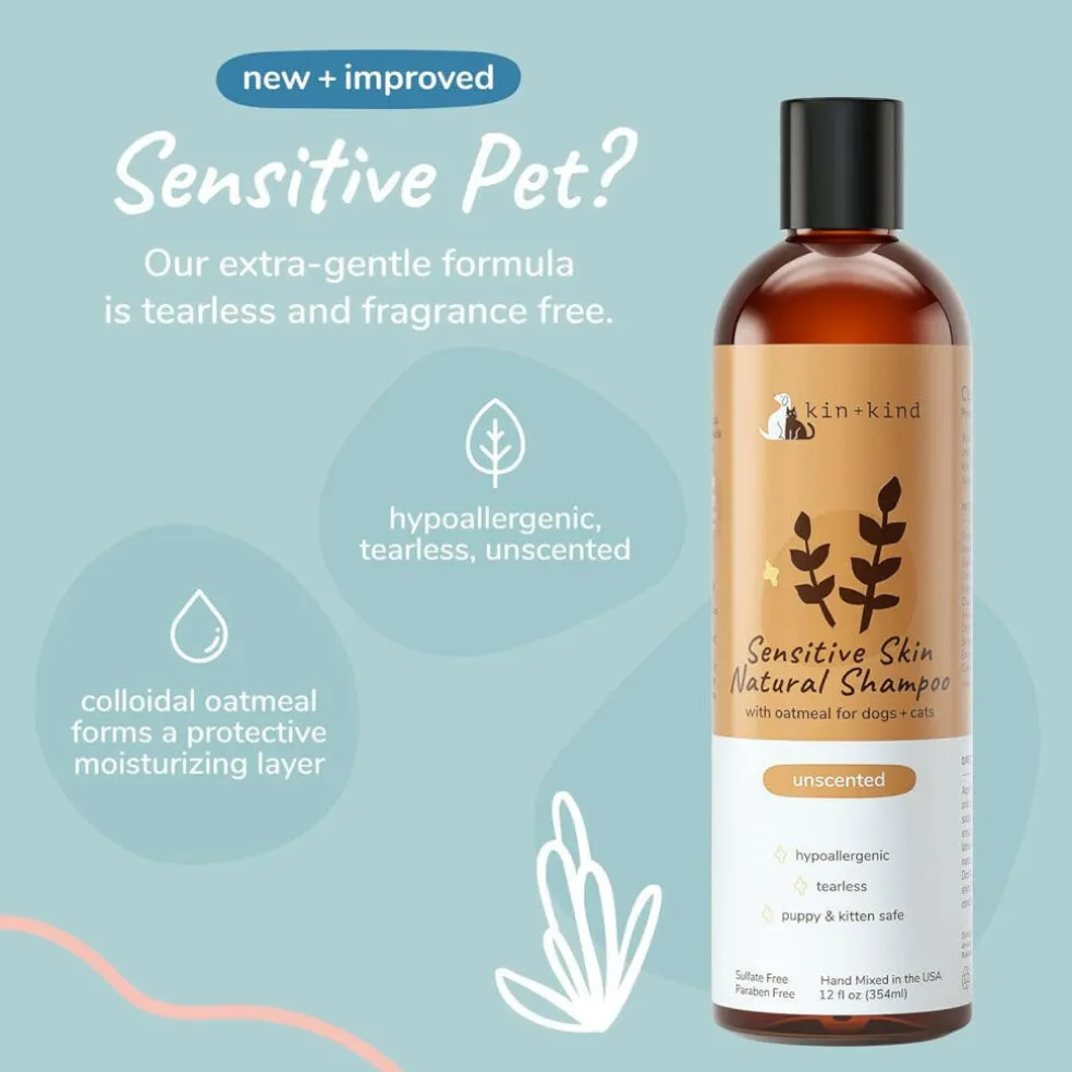 kin+kind Sensitive Skin Natural Unscented Oatmeal Shampoo for Dogs, Puppies, Cats & Kittens (12 oz)