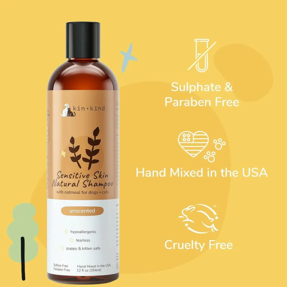 kin+kind Sensitive Skin Natural Unscented Oatmeal Shampoo for Dogs, Puppies, Cats & Kittens (12 oz)