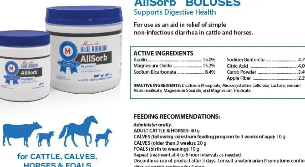 Merrick's Blue Ribbon AliSorb Anti-Diarrheal Bolus for Calves & Foals (50 boluses)