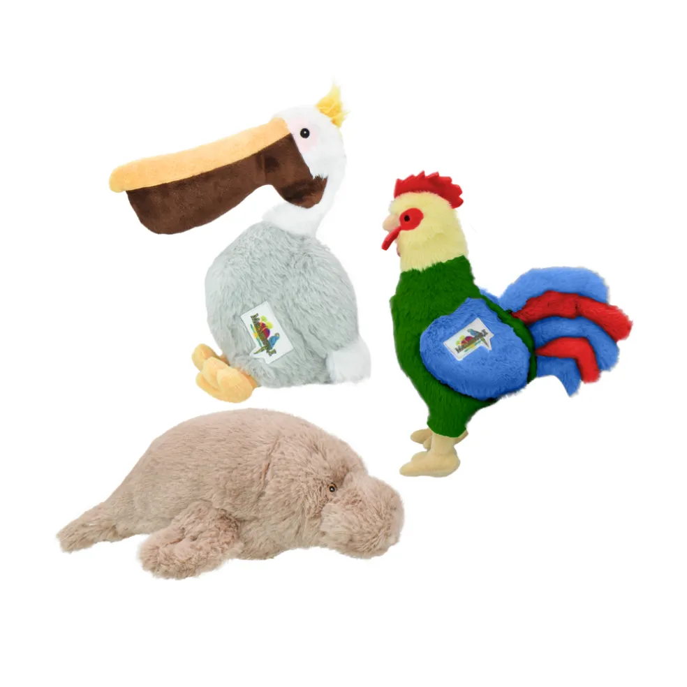 MultiPet Margaritaville Seaside Animals Plish Dog Toy, Assorted Animals (Pelican, Rooster, Manatee) 9", One Toy