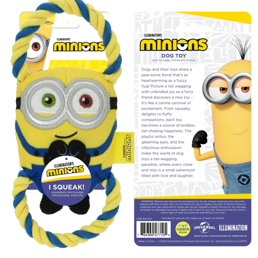 MultiPet Minions Rope Tug Dog Toy, Assorted Characters (Bob 16", Kevin 18", and Stuart16"), One Toy