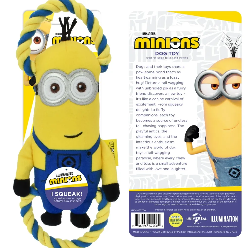 MultiPet Minions Rope Tug Dog Toy, Assorted Characters (Bob 16", Kevin 18", and Stuart16"), One Toy