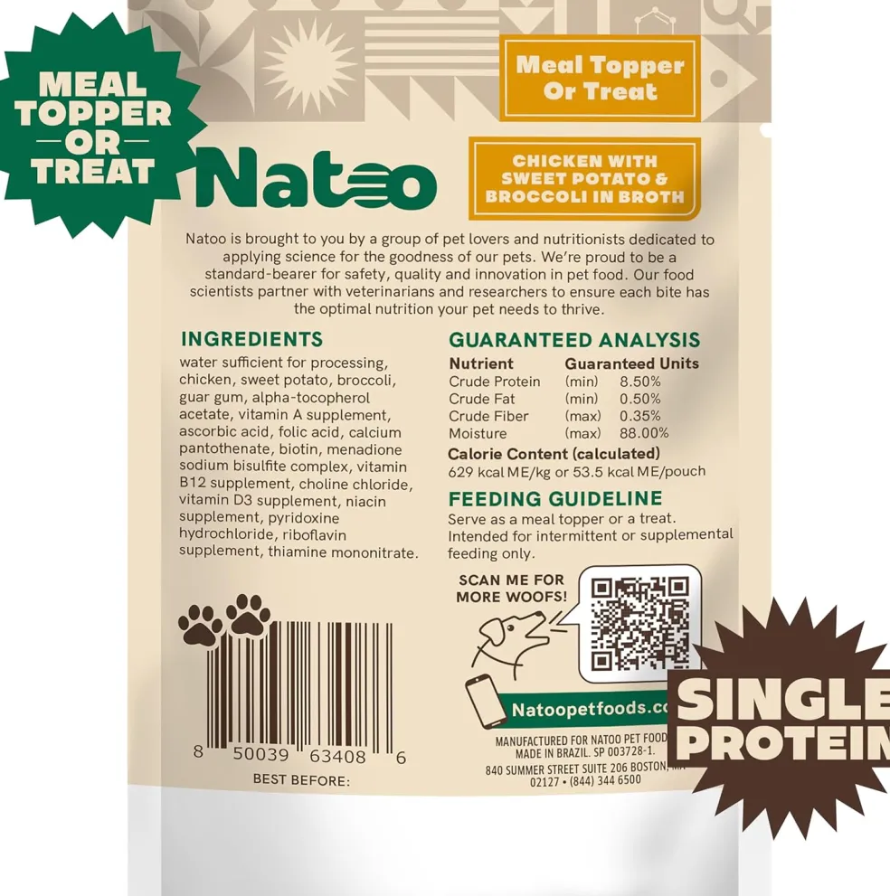 Natoo Meal Topper or Treat Chicken, Sweet Potato Broccoli in Broth Dog Food