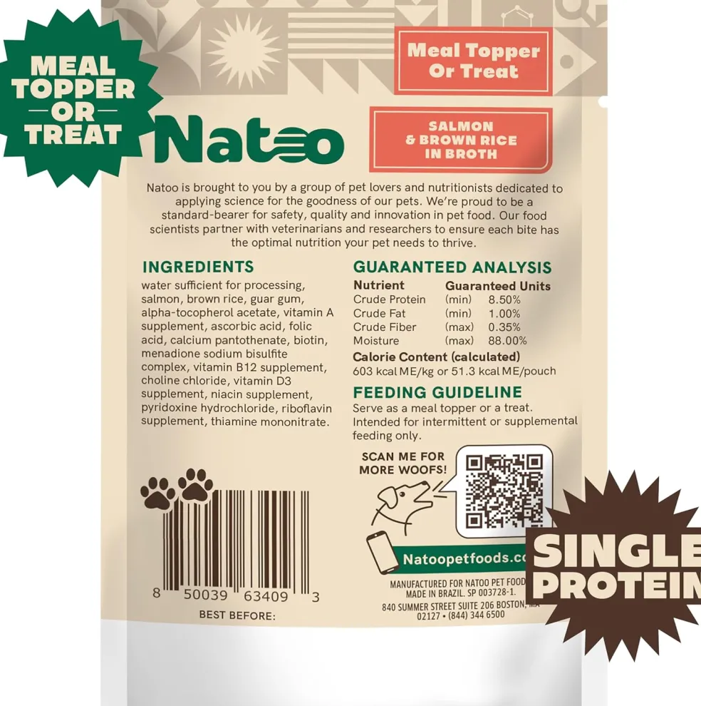 Natoo Meal Topper or Treat Salmon & Brown Rice in Broth Dog Food, 3 oz