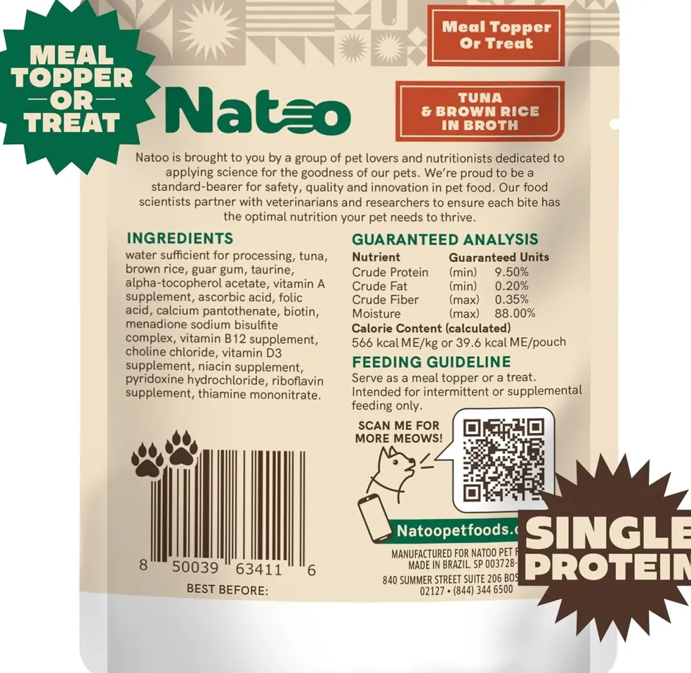 Natoo Meal Topper or Treat Tuna & Brown Rice in Broth Cat Food