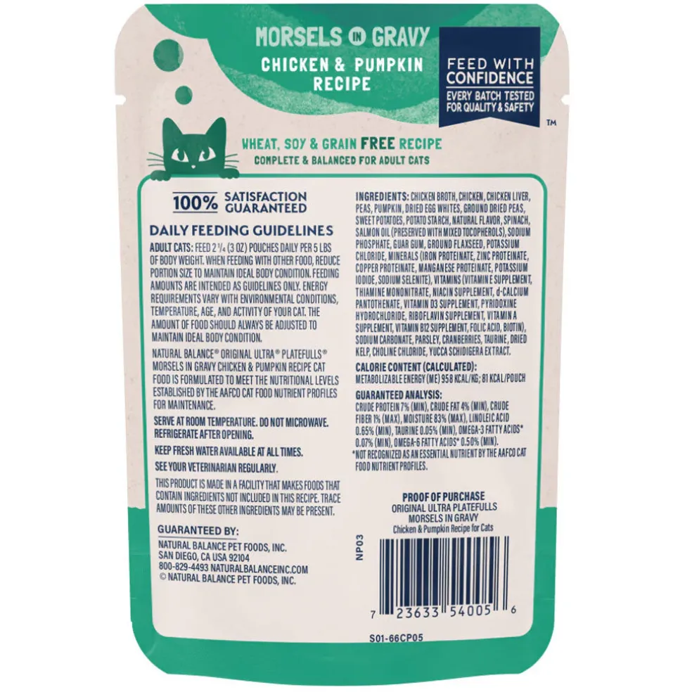 Natural Balance Pet Foods Original Ultra Platefulls Morsels in Gravy Wet Cat Food Pouch Chicken & Pumpkin, 3-oz case of 24