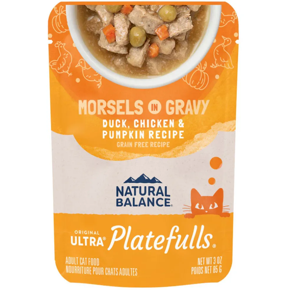 Natural Balance Pet Foods Original Ultra Platefulls Morsels in Gravy Wet Cat Food Pouch Duck, Chicken, & Pumpkin, 3-oz case of 24