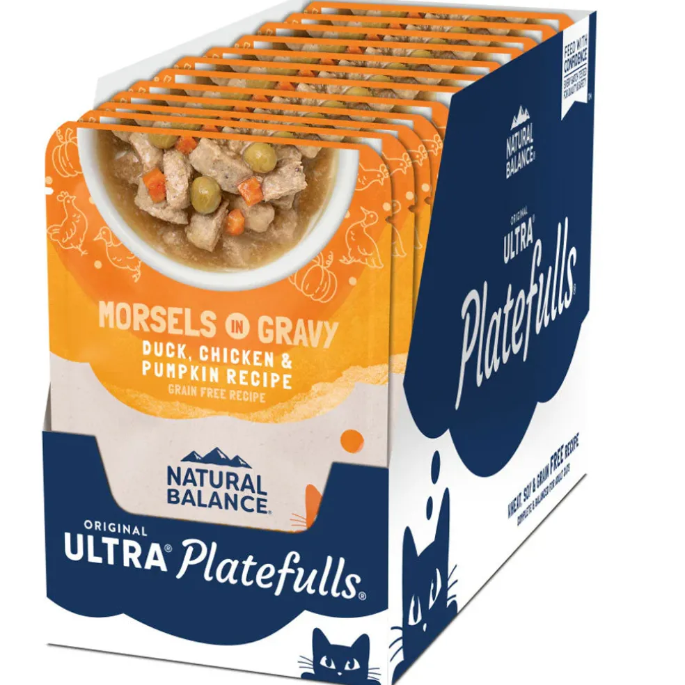 Natural Balance Pet Foods Original Ultra Platefulls Morsels in Gravy Wet Cat Food Pouch Duck, Chicken, & Pumpkin, 3-oz case of 24