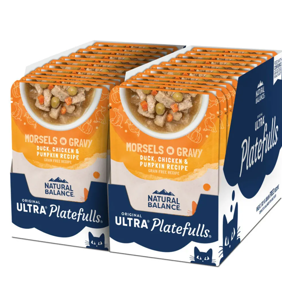 Natural Balance Pet Foods Original Ultra Platefulls Morsels in Gravy Wet Cat Food Pouch Duck, Chicken, & Pumpkin, 3-oz case of 24