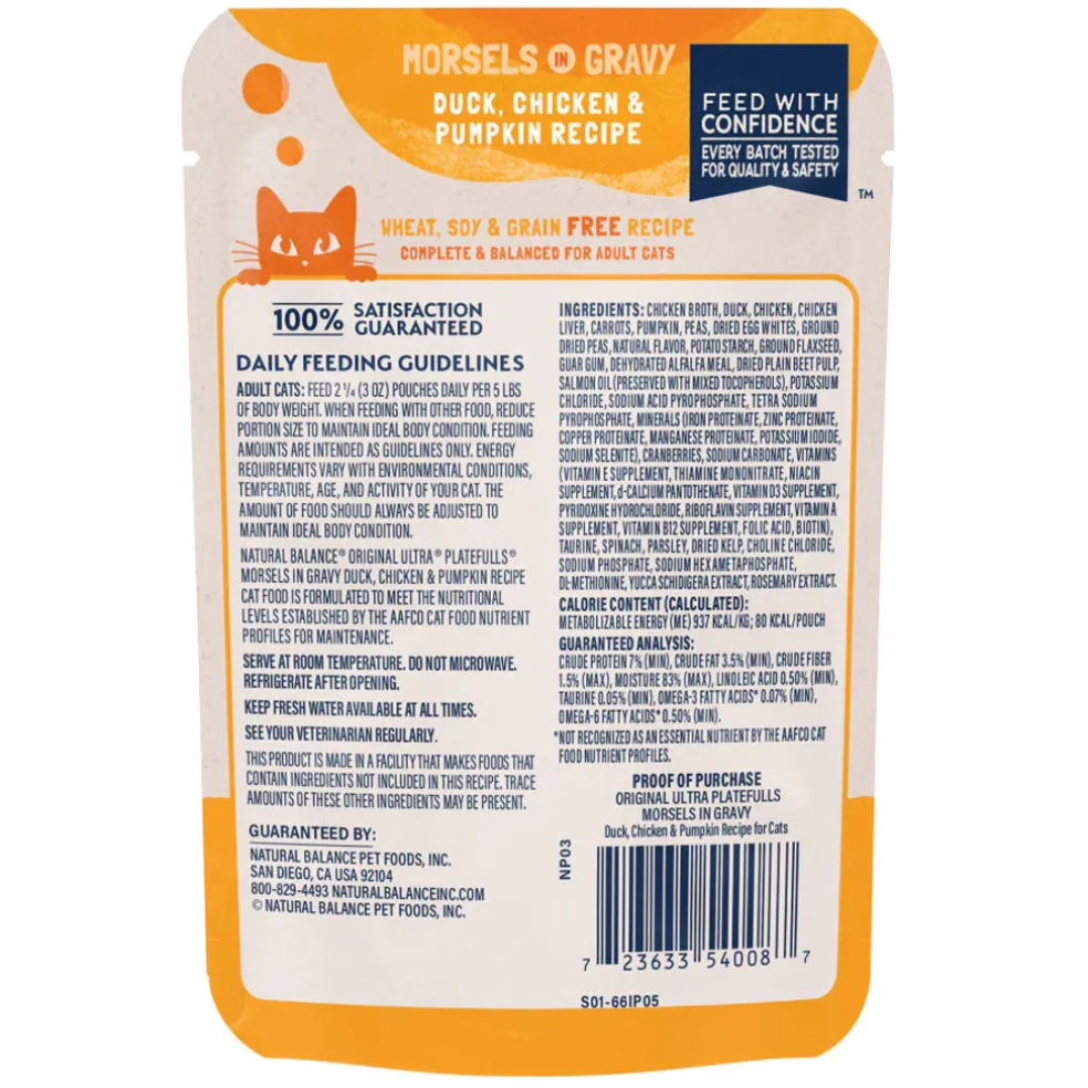 Natural Balance Pet Foods Original Ultra Platefulls Morsels in Gravy Wet Cat Food Pouch Duck, Chicken, & Pumpkin, 3-oz case of 24