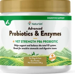 NaturVet Advanced Probiotic & Enzymes Powder with Vet Strength PB6 Probiotic for Dogs & Cats