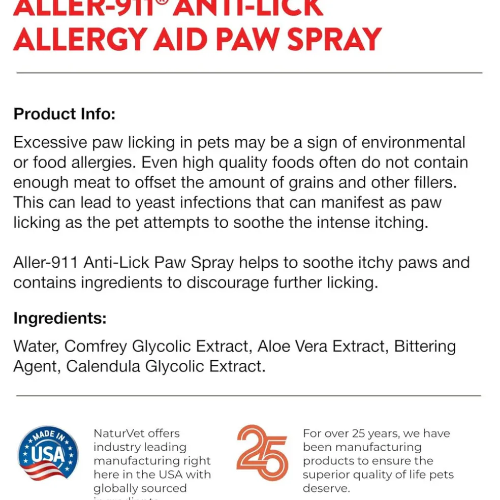NaturVet Aller-911 Anti-Lick Allergy Aid Paw Spray with Aloe Vera for Dogs & Cats, 8-oz