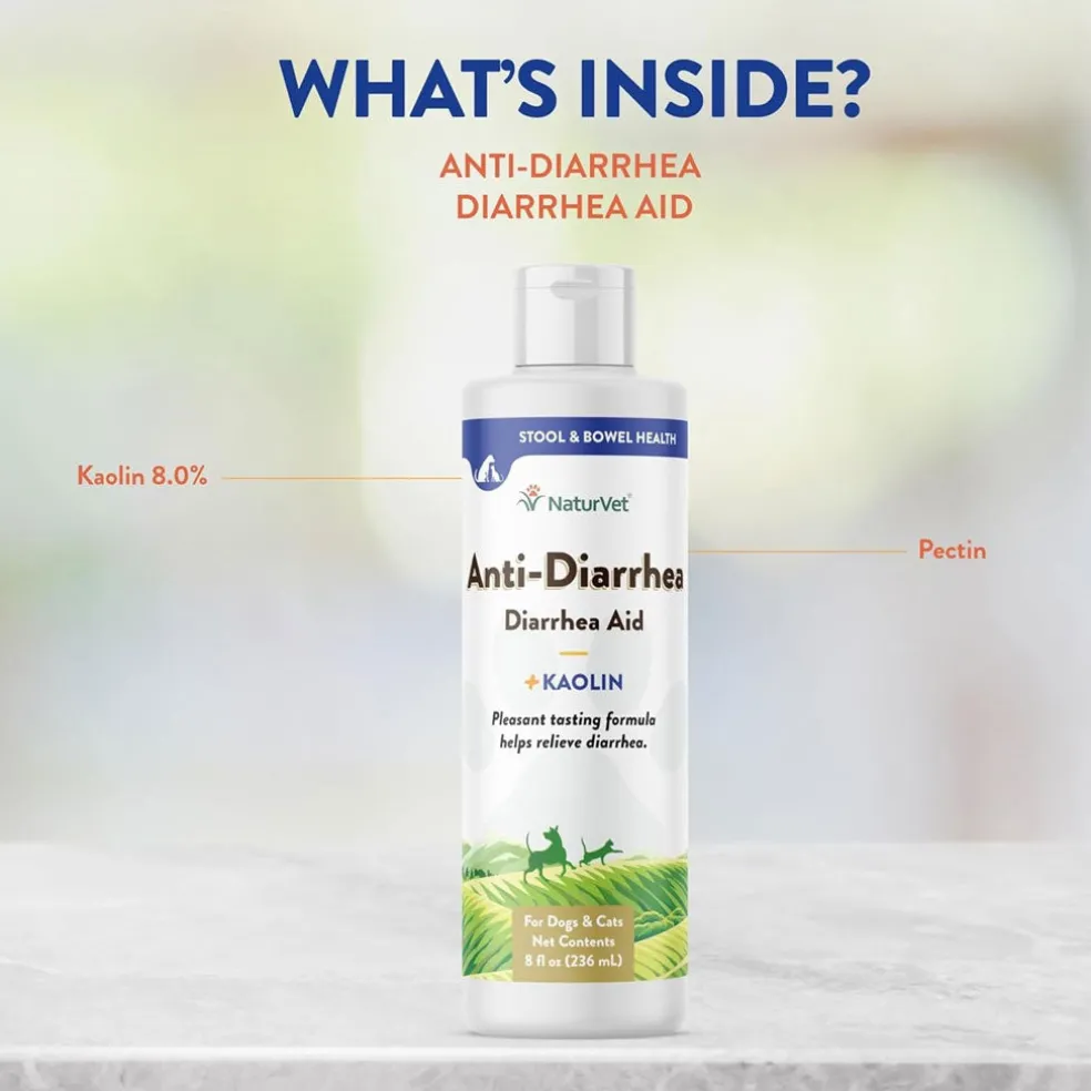 NaturVet Anti-Diarrhea Liquid Diarrhea Aid with Kaolin For Dogs Cats, 8-oz