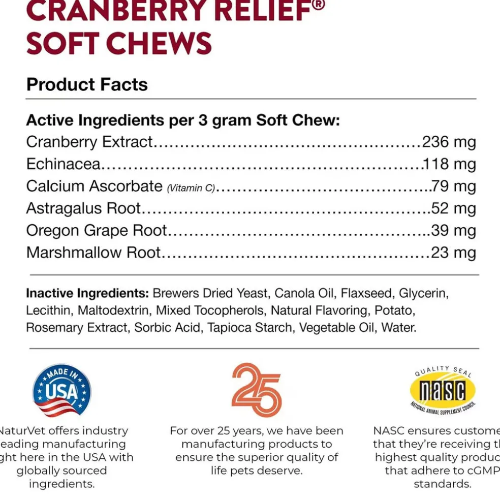 NaturVet Cranberry Relief Plus Echinacea Soft Chew Urinary Supplement for Dogs, 60 count