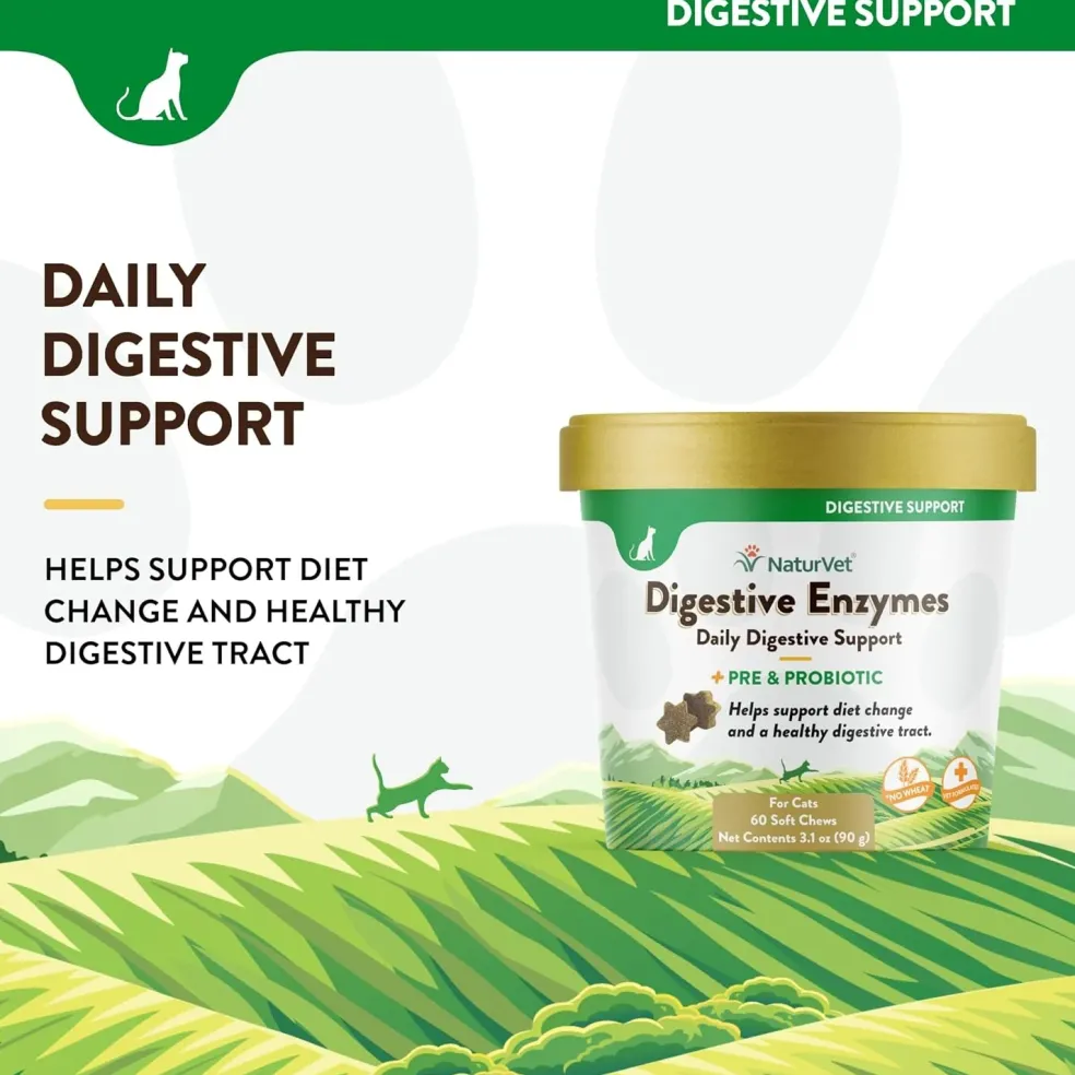 NaturVet Digestive Enzymes Soft Chews Daily Digestive Support with Pre & Probiotic for Cats, 60 count