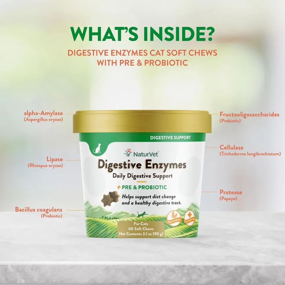 NaturVet Digestive Enzymes Soft Chews Daily Digestive Support with Pre & Probiotic for Cats, 60 count