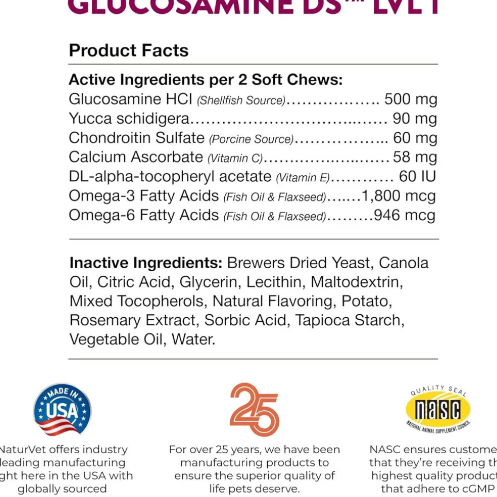 NaturVet Glucosamine DS Level 1 Soft Chews with Chondroitin for Dogs & Cats, 70 count