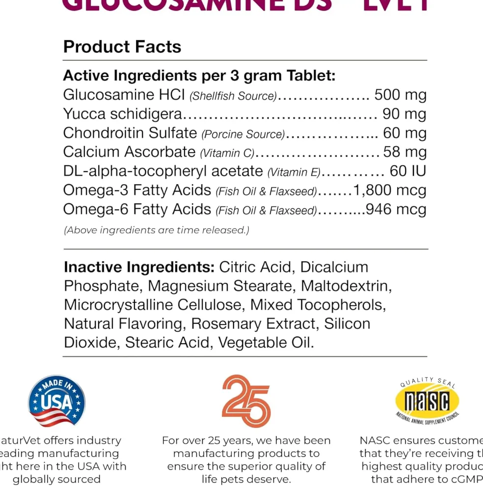 NaturVet Glucosamine DS Level 1 with Chondroitin Maintenance Joint Care Chewable Tablets for Dogs & Cats