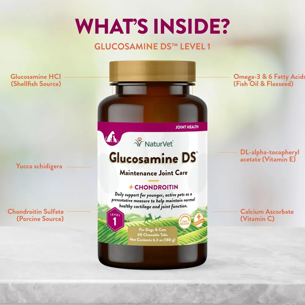 NaturVet Glucosamine DS Level 1 with Chondroitin Maintenance Joint Care Chewable Tablets for Dogs & Cats
