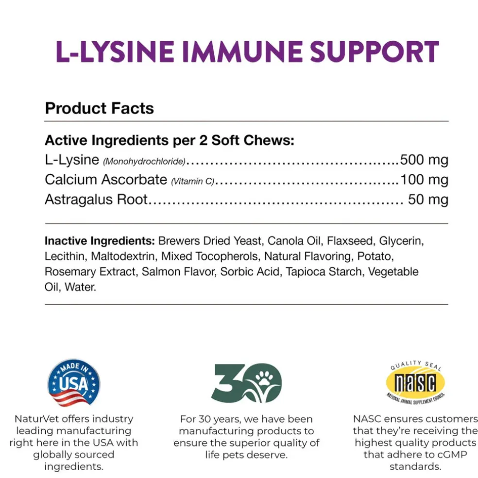 NaturVet L-Lysine Immune Support + Antioxidants Soft Chews for Cats, 60 count