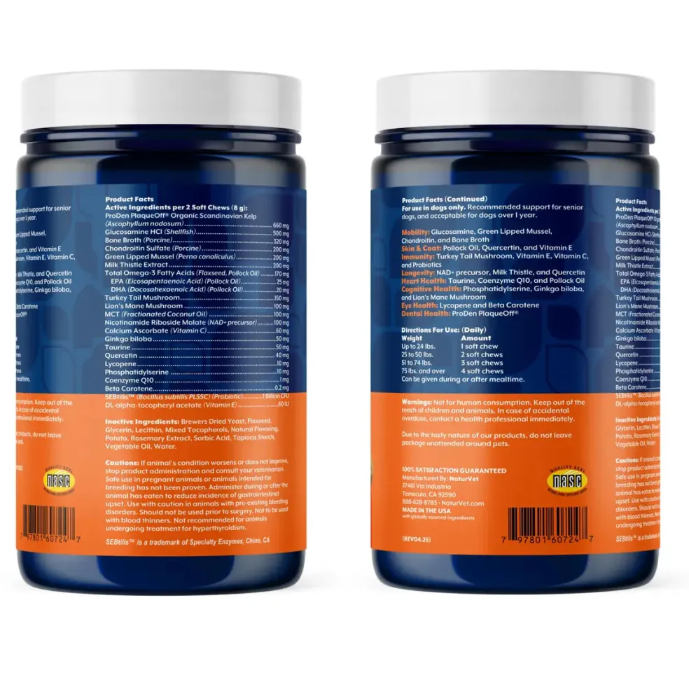 NaturVet Senior Daily Care Multi-Benefit 8-in-1 Support For Dogs (60 Soft Chews)