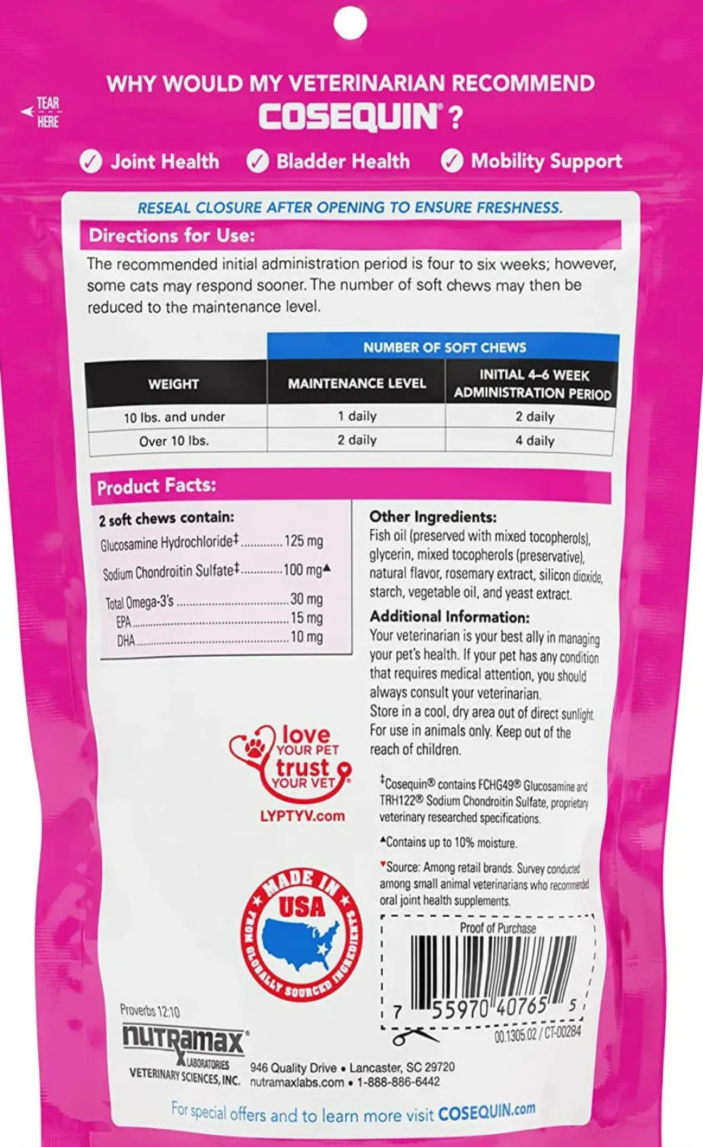 Nutramax Cosequin Joint Health Supplement for Cats - With Glucosamine, Chondroitin, and Omega-3's, 60 Soft Chews