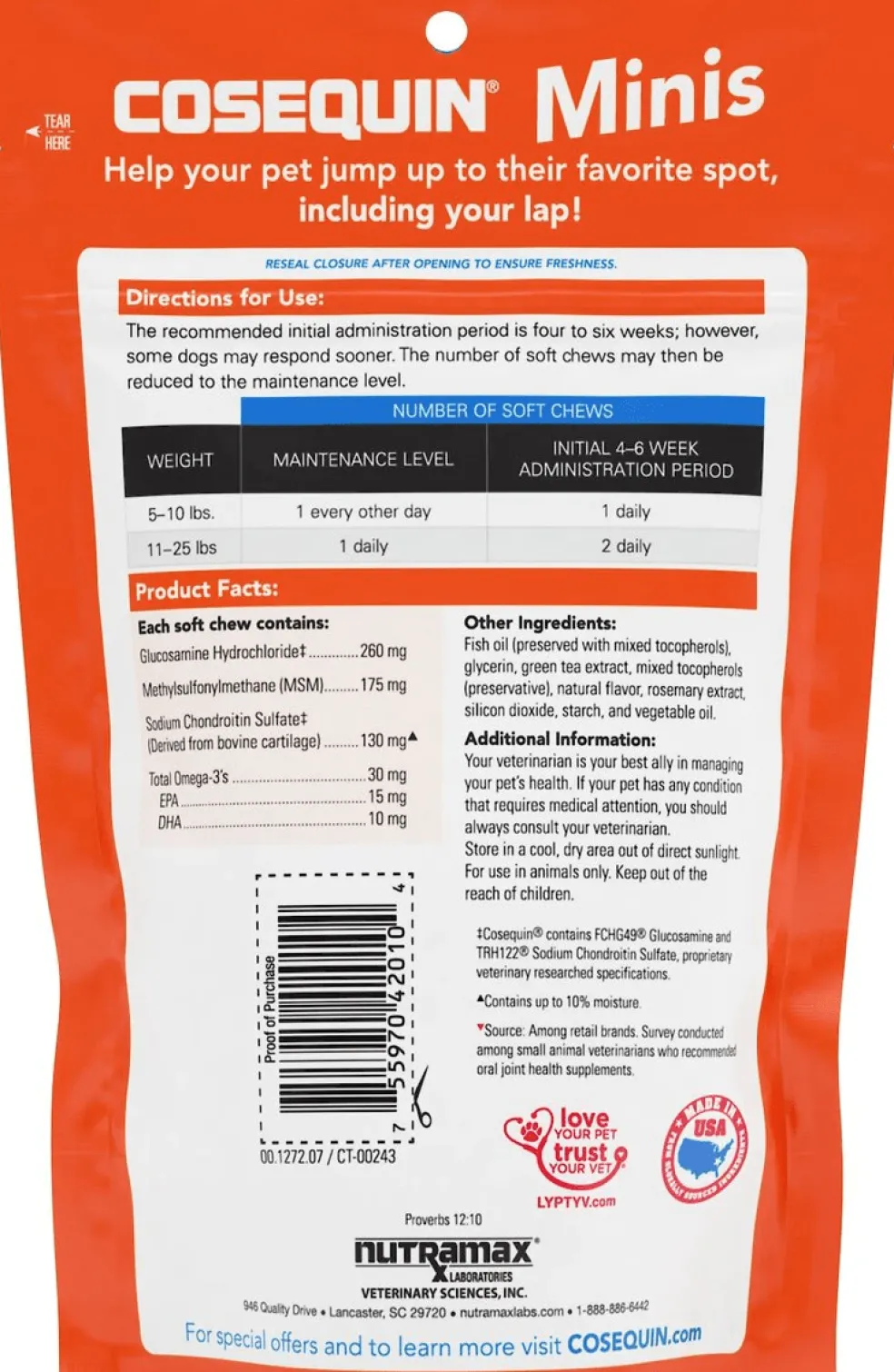 Nutramax Cosequin Minis Maximum Strength Joint Health Supplement - With Glucosamine, Chondroitin, MSM, and Omega-3's, 45 Soft Chews