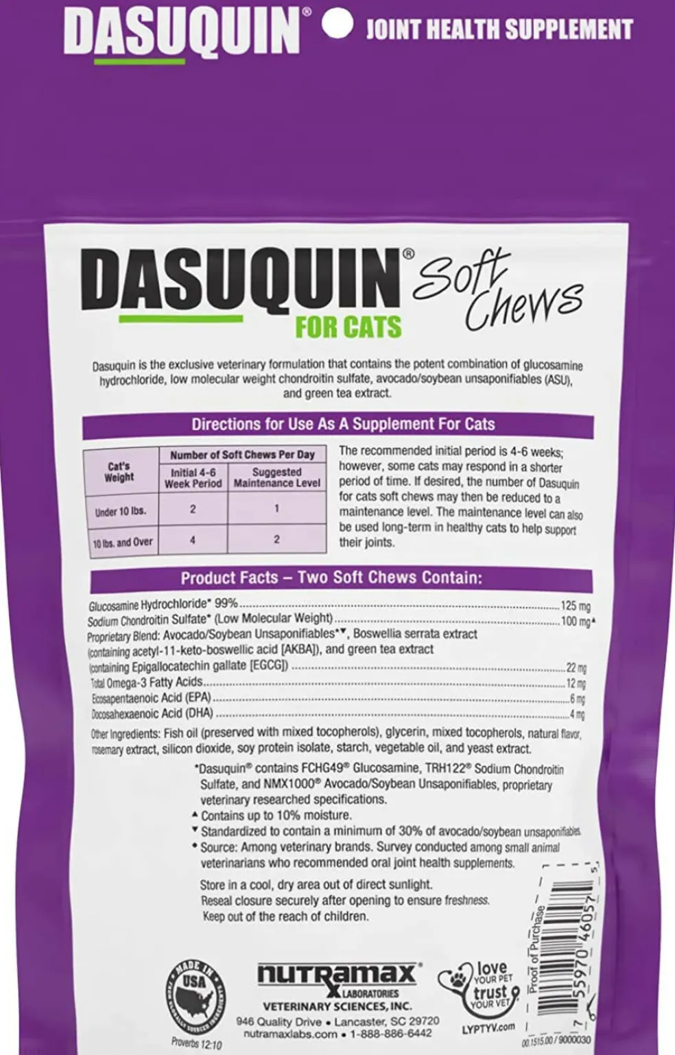Nutramax Dasuquin Joint Health Supplement for Cats - With Glucosamine, Chondroitin, ASU, Boswellia Serrata Extract, Green Tea Extract, Omega-3’s, 84 Soft Chews