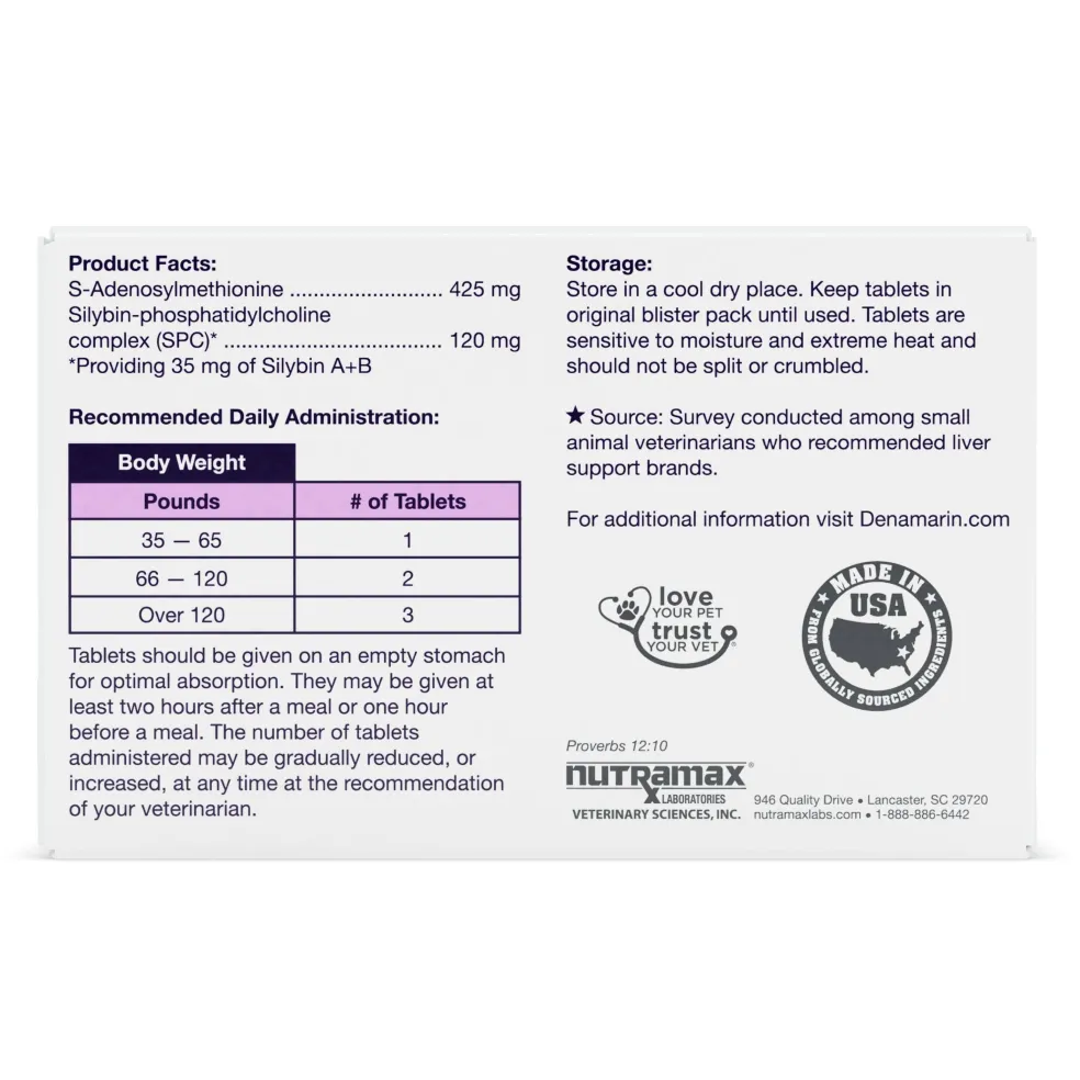 Nutramax Denamarin Liver Health Supplement for Large Dogs, With S-Adenosylmethionine (SAMe) and Silybin