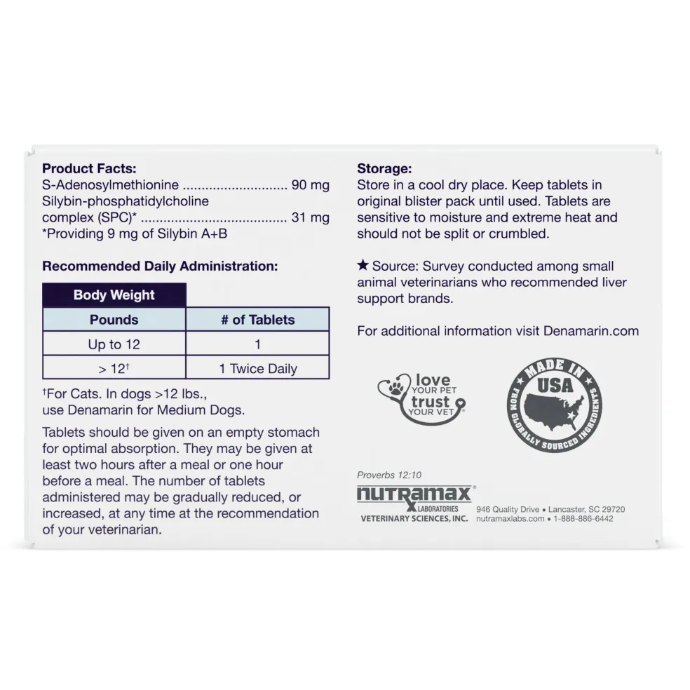 Nutramax Denamarin Liver Health Supplement for Small Dogs and Cats - With S-Adenosylmethionine (SAMe) and Silybin