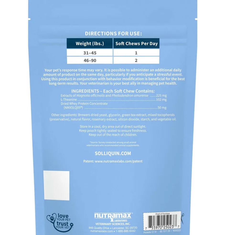 Nutramax Solliquin Calming Behavioral Health Supplement for Large Dogs – 75 Soft Chews