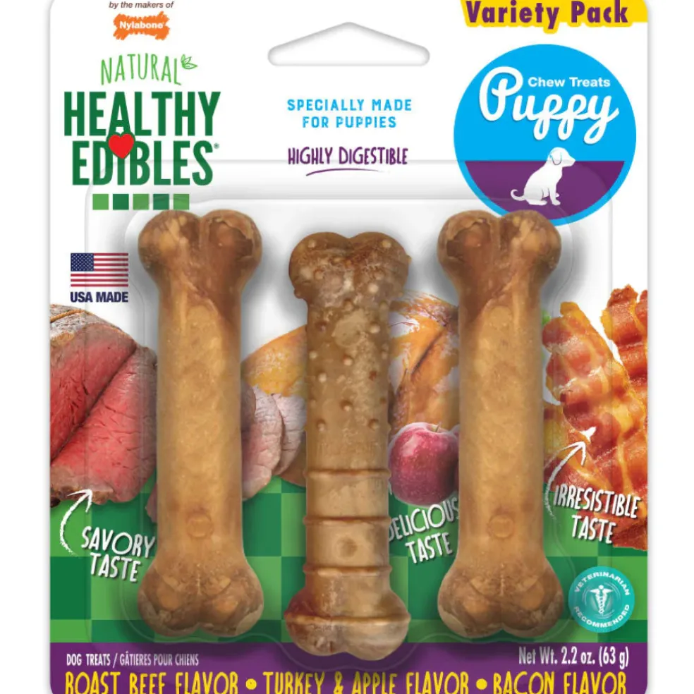 Nylabone Healthy Edibles Roast Beef, Turkey & Bacon Puppy Dog Treats - Variety Pack, 3-count