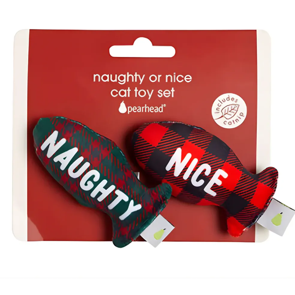 Pearhead Naughty Or Nice Holiday Themed Cat Toy Set with Catnip