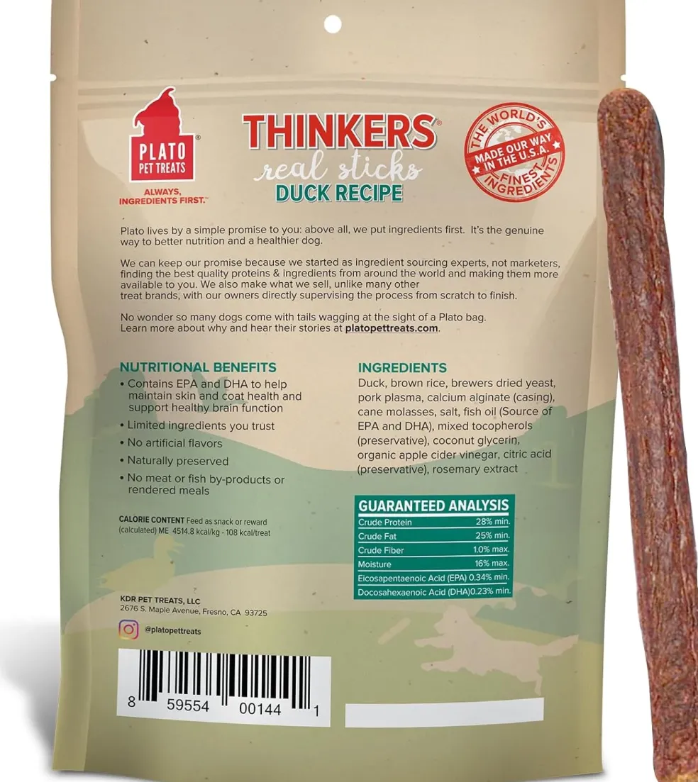 Plato Thinkes Real Duck Recipe Sticks Treats for Dogs