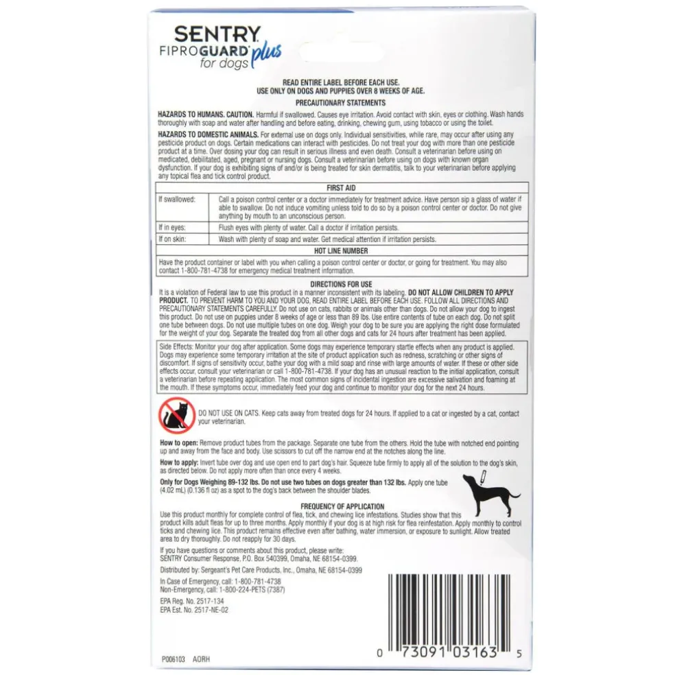 Sentry Fiproguard Plus Topical Flea & Tick Treatment for Dogs 89-132 lbs