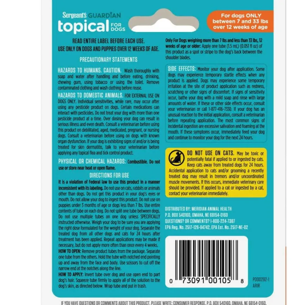Sergeant’s Guardian Flea & Tick Topical Treatment for Small Dogs, 7-33 lbs, 3 Doses